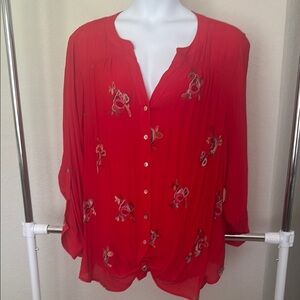 Avenue Red Button-Front Floral Embroidered Blouse